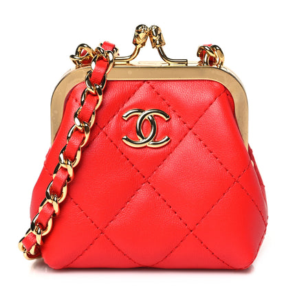 Chanel Lambskin Quilted Mini Kiss Lock Clutch With Chain Red 1 of 10