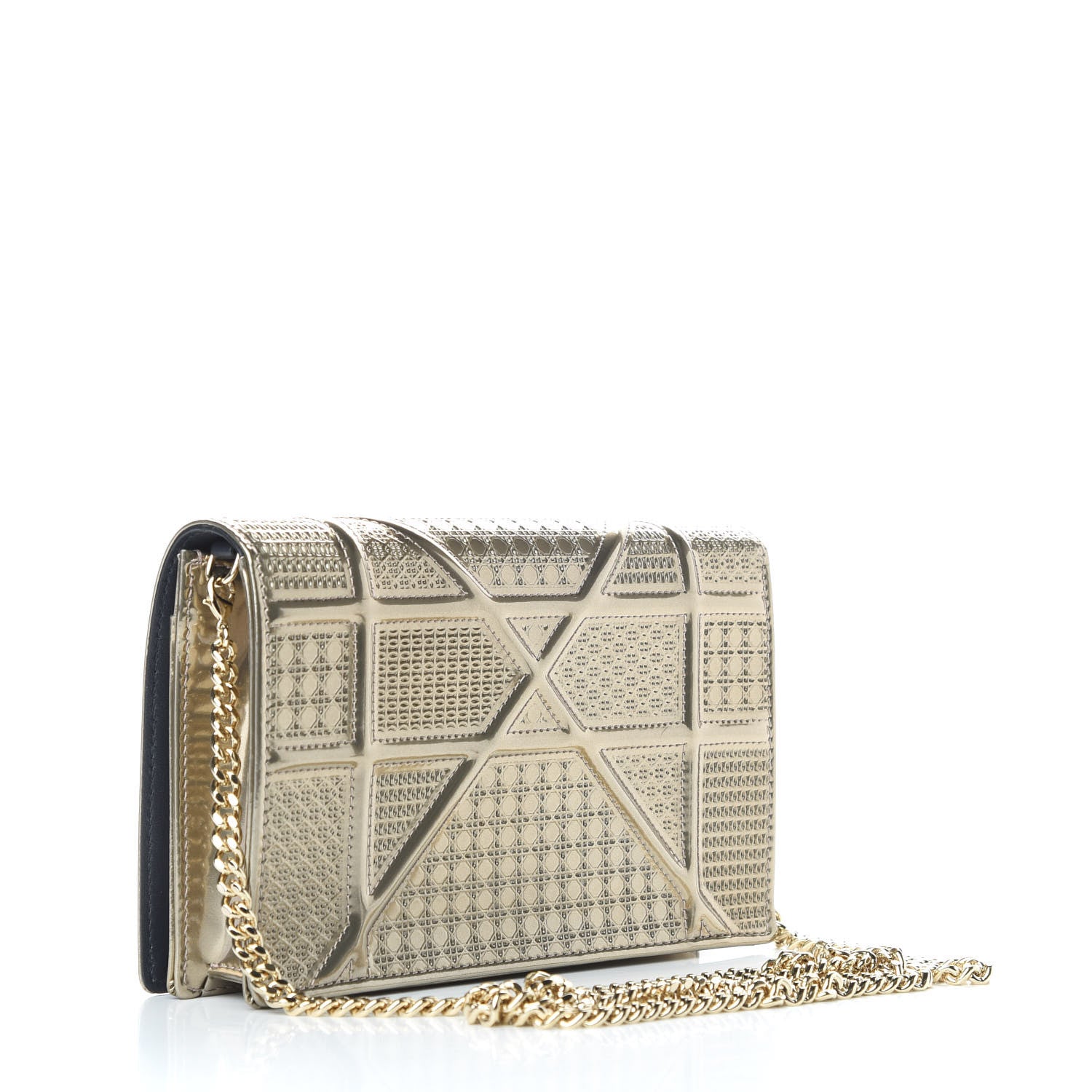 Christian Dior Metallic Patent Micro-Cannage Diorama Wallet on Chain Pouch Gold 3 of 9