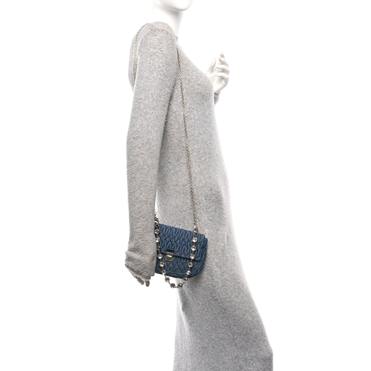 Denim Matelasse Crystal Chain Crossbody Bag Blue