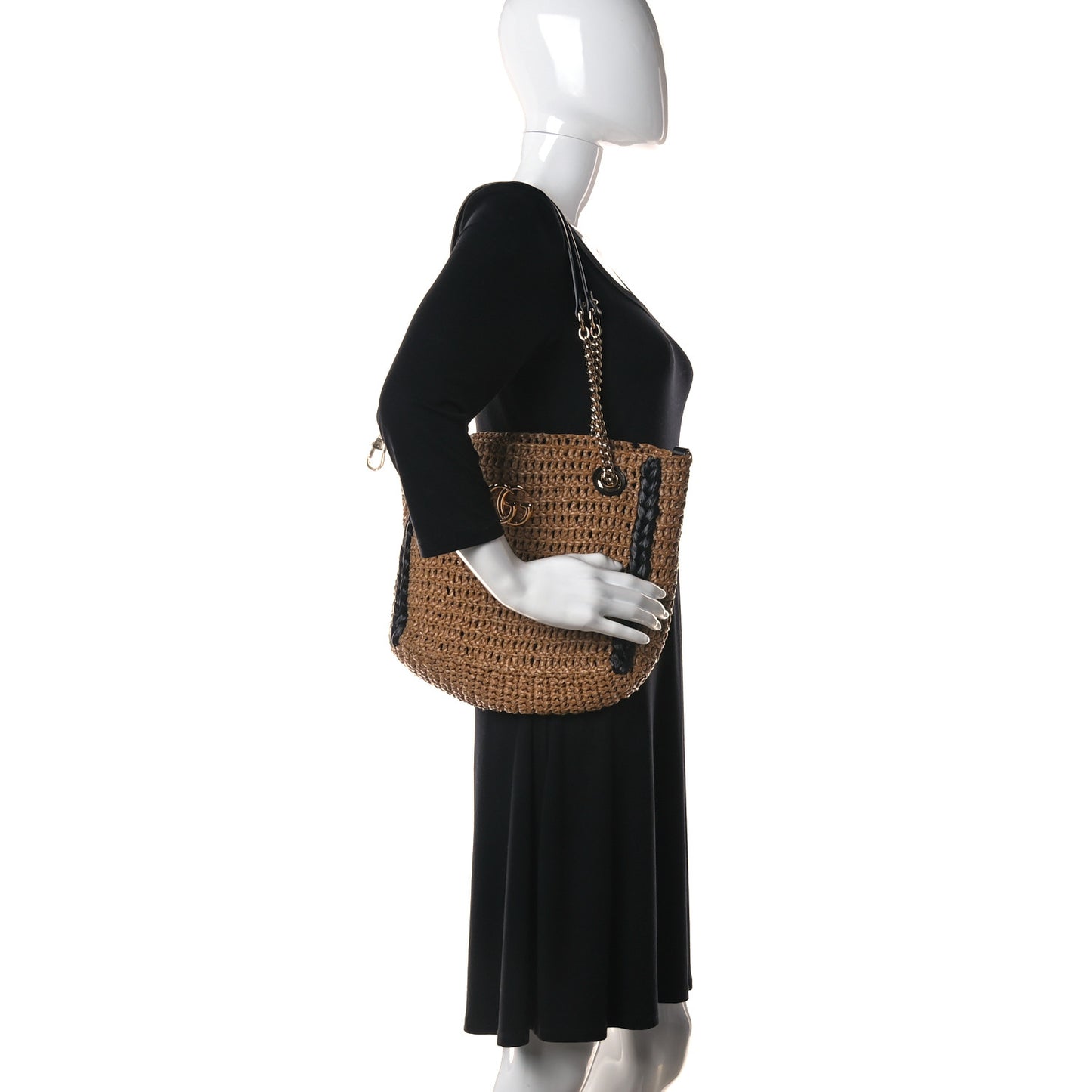 Raffia Effect Medium GG Marmont Shoulder Tote Bag Natural Black
