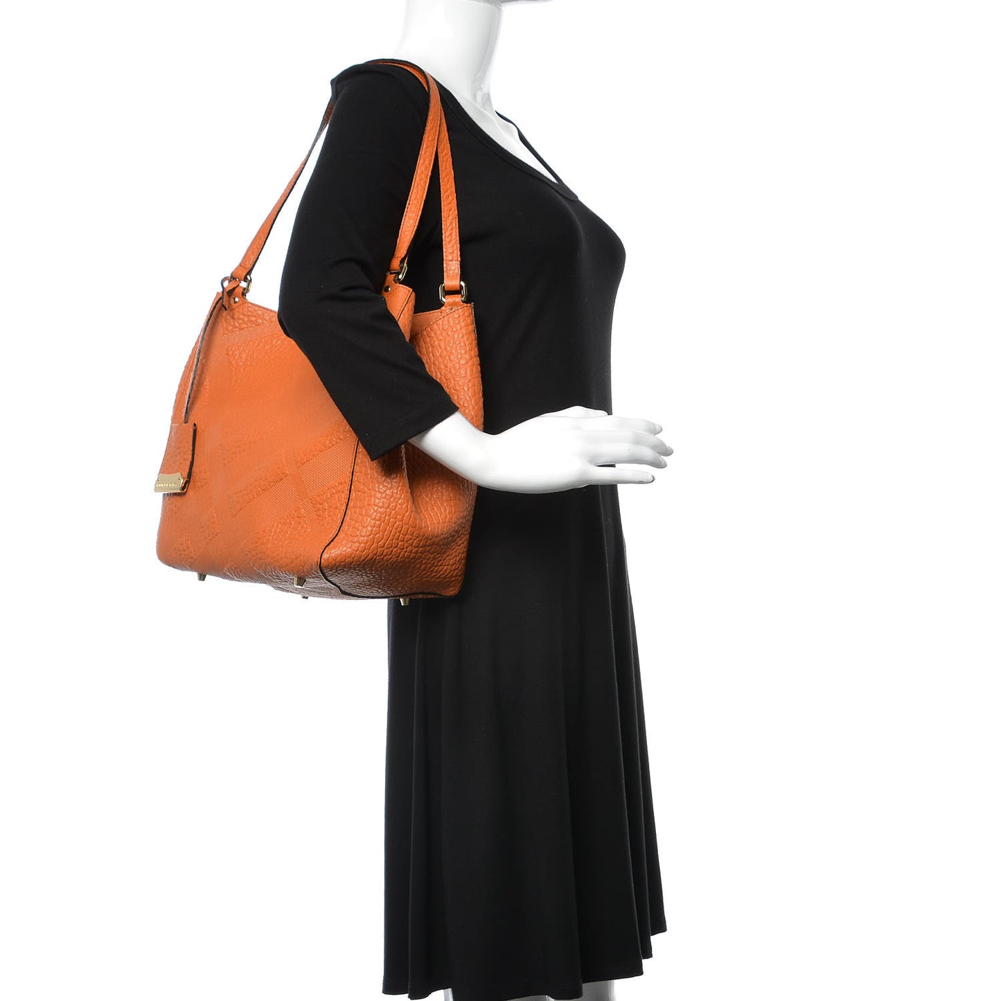 Signature Grain Calfskin Check Embossed Small Canterbury Tote Copper Orange