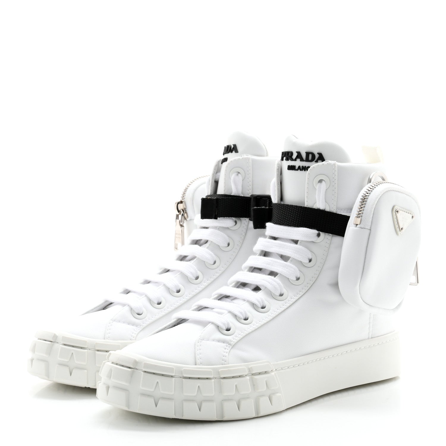 Prada Re-Nylon Gabardine Metal Triangle Logo Wheel Pouch Pocket High Top Sneakers 38 White 3 of 10