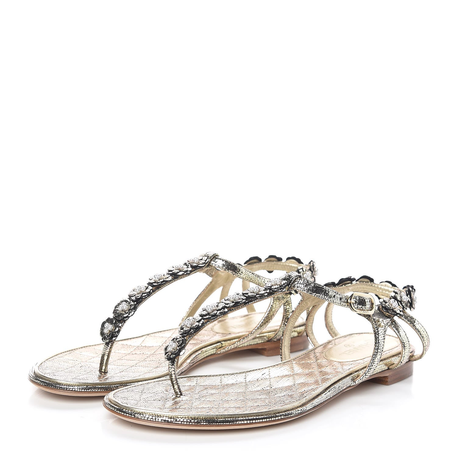 Chanel Fantasy Goatskin Pearl Camellia Thong Sandals 36 Gold 3 of 7