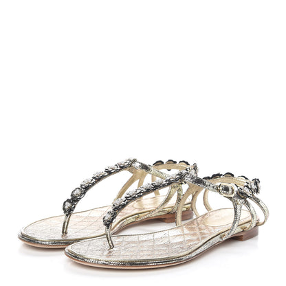 Chanel Fantasy Goatskin Pearl Camellia Thong Sandals 36 Gold 3 of 7