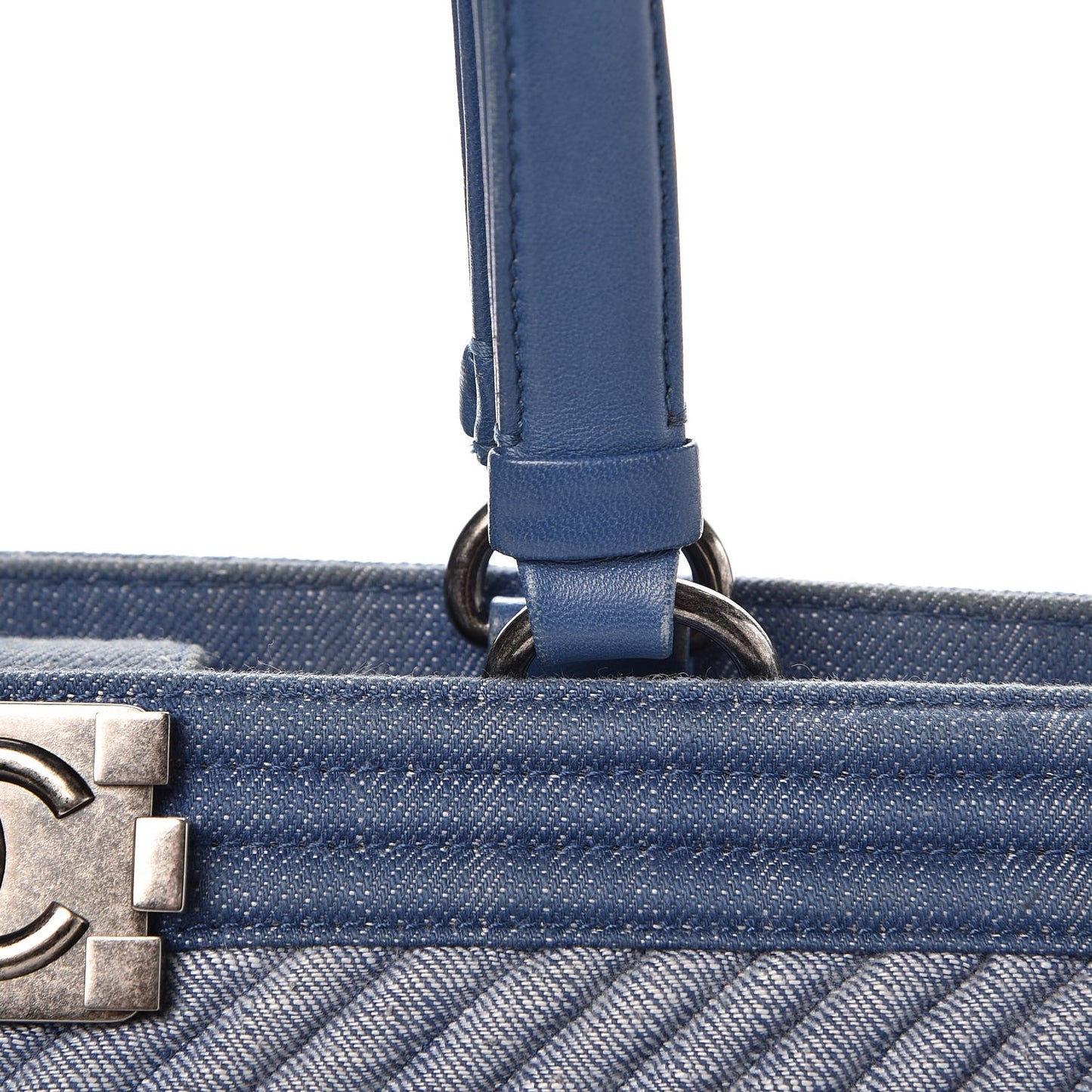 Denim Chevron Quilted Large Boy Shopping Tote Light Blue