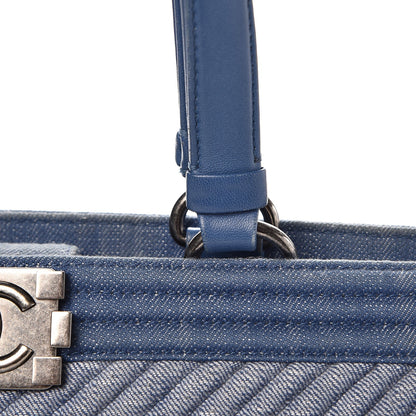 Chanel Denim Chevron Quilted Large Boy Shopping Tote Light Blue 9 of 17