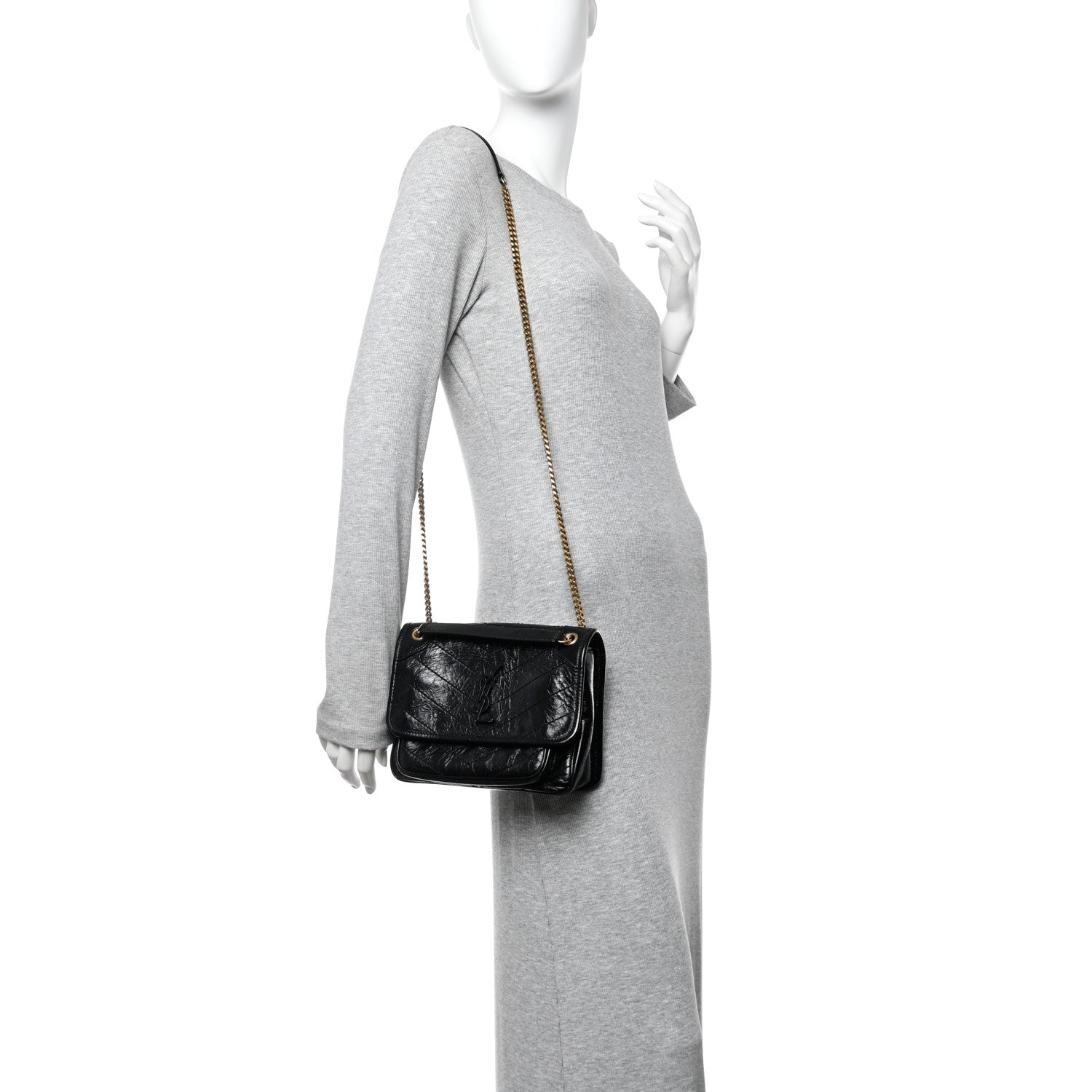 Saint Laurent Crinkled Lambskin Matelasse Monogram Baby Niki Chain Satchel Black 2 of 12
