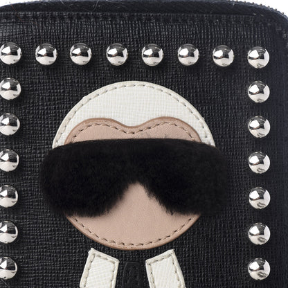 Fendi Vitello Elite Flamingo Mink Karlito Studded Zip Around Chain Wallet Black White Plaster 7 of 7