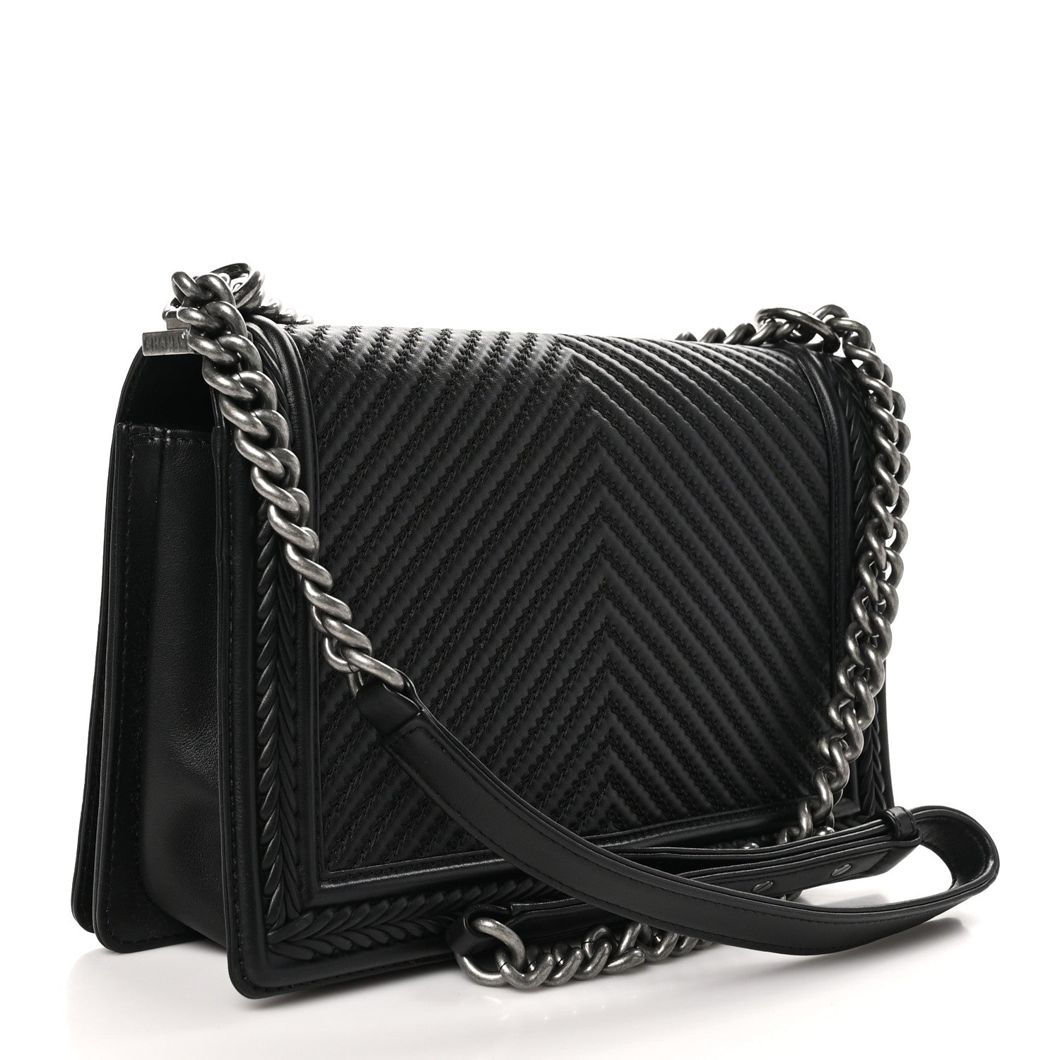 Chanel Calfskin Chevron Quilted New Medium Braided Boy Flap Black 3 of 11