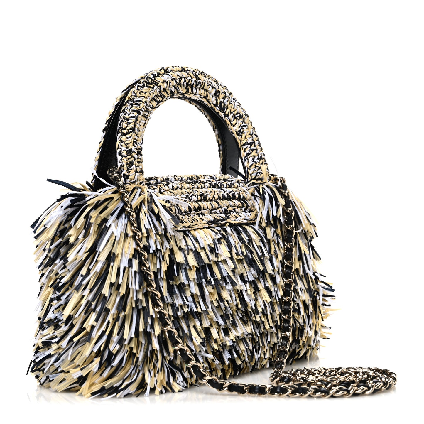 Raffia Fringe Nano Kelly Shopper Yellow Black White
