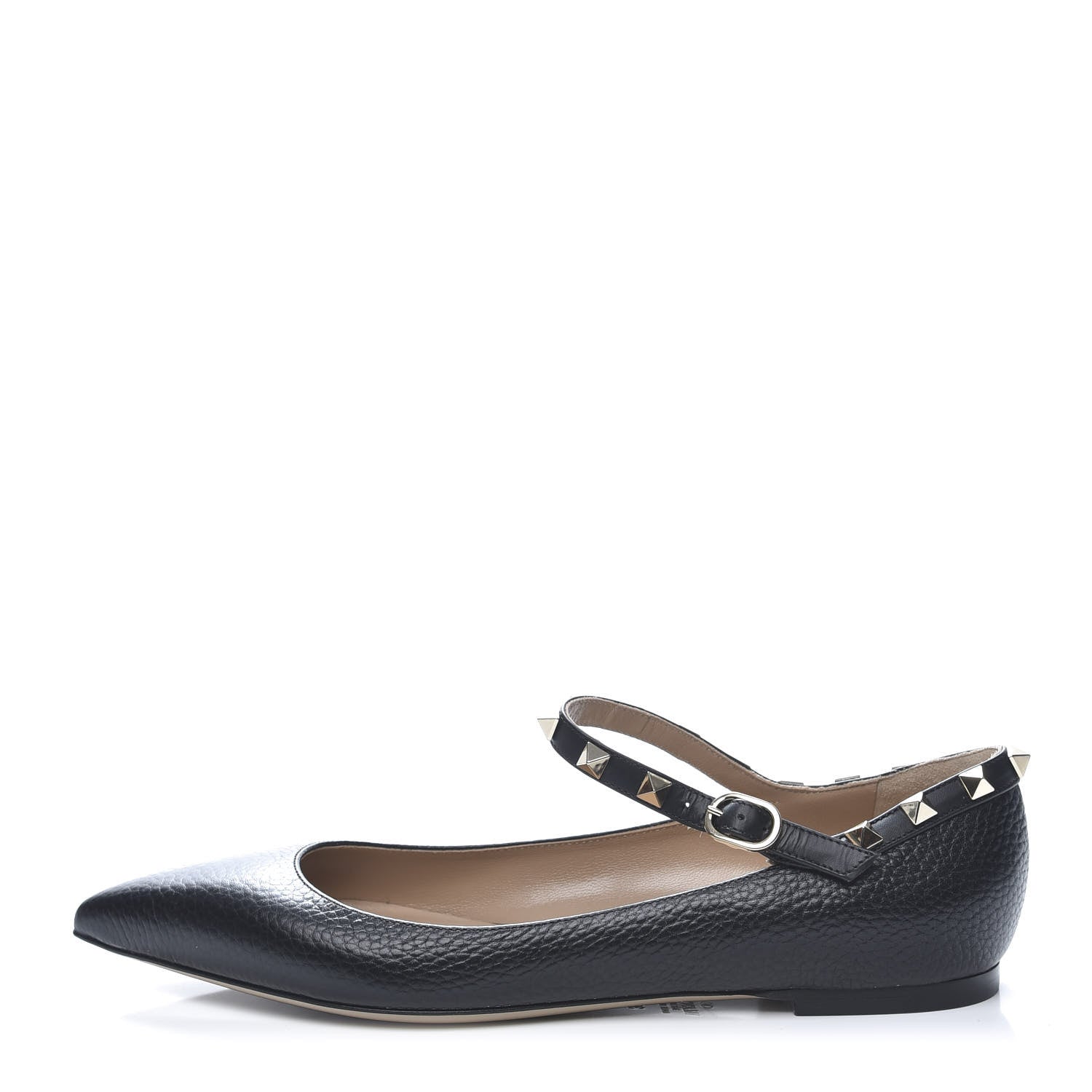 Valentino Garavani Pebbled Calfskin Rockstud Ankle Strap Ballerina Flats 37.5 Black 1 of 10