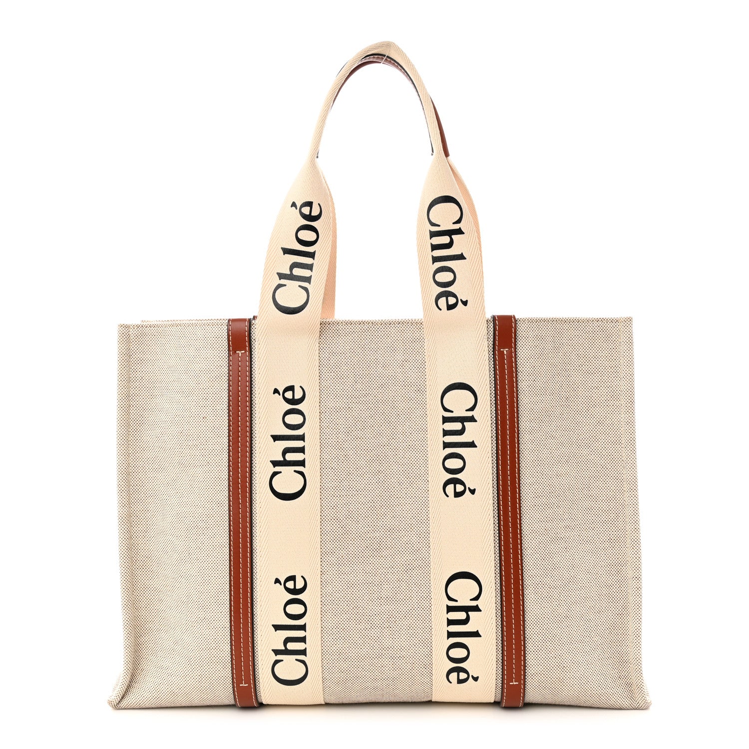 Chloe Cotton Calfskin Large Woody Ribbon Tote White Brown 1 of 10