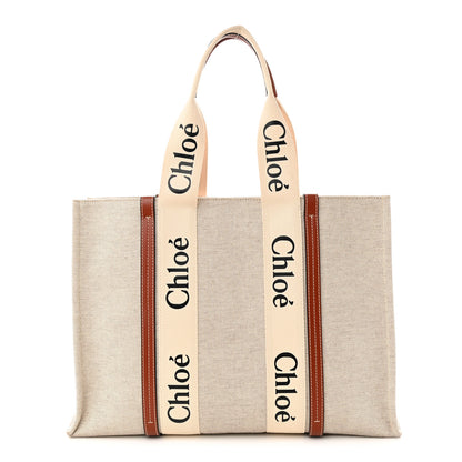 Chloe Cotton Calfskin Large Woody Ribbon Tote White Brown 1 of 10