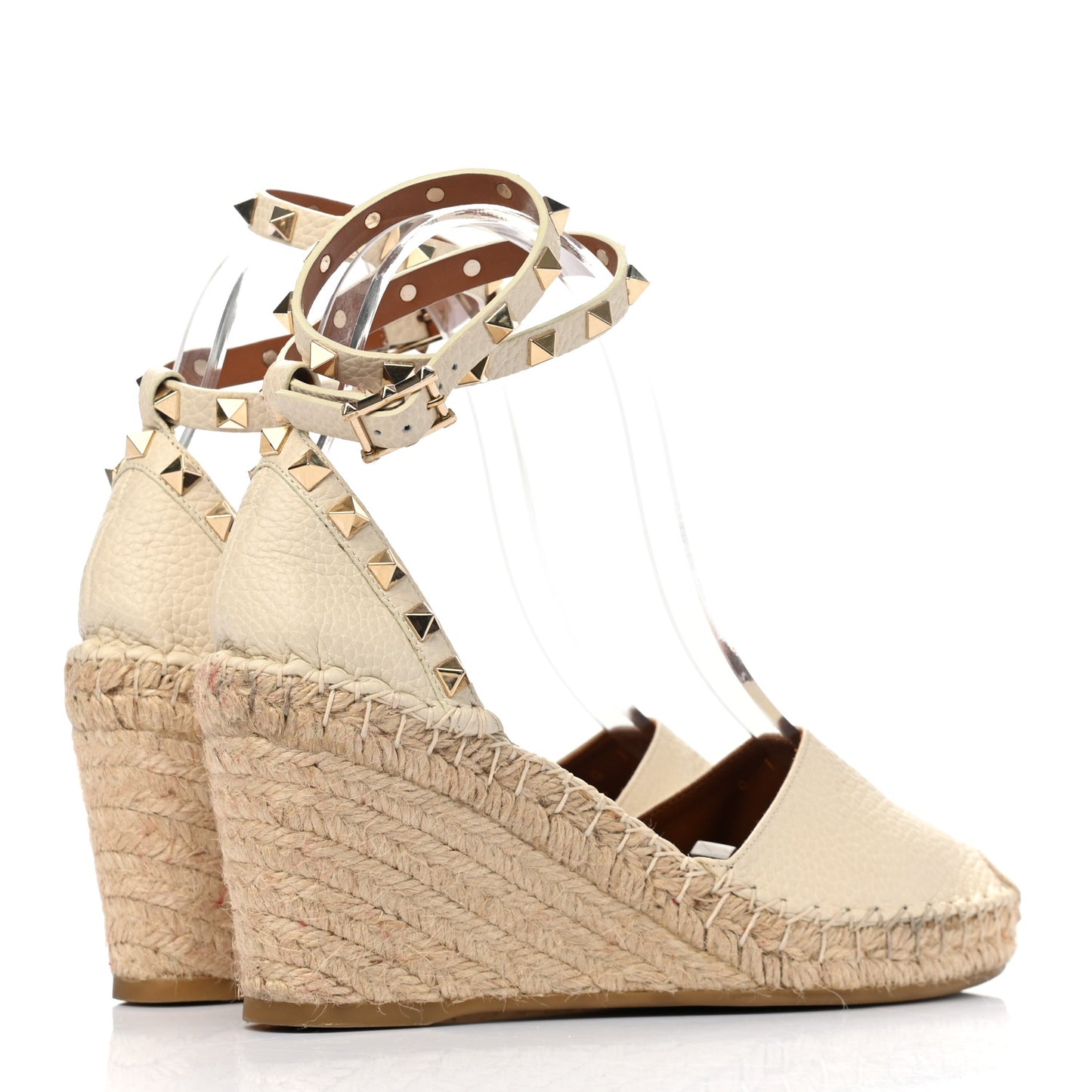Grained Calfskin Rockstud Ankle Wrap Espadrille 15/85mm Wedges 36 Light Ivory