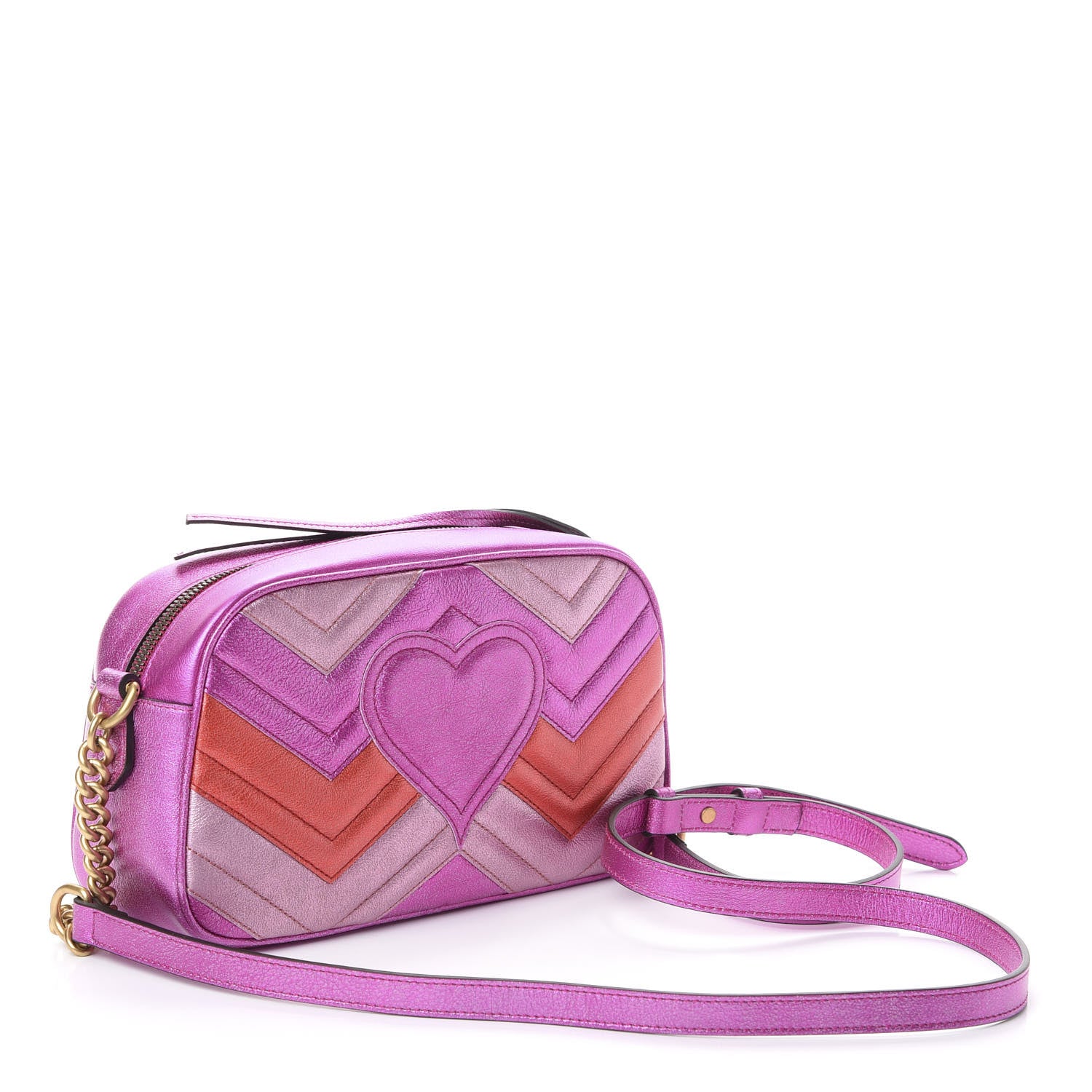 Gucci Laminated Nappa Matelasse Small GG Marmont Chain Shoulder Bag Fuxia Rosso Rosa 3 of 9