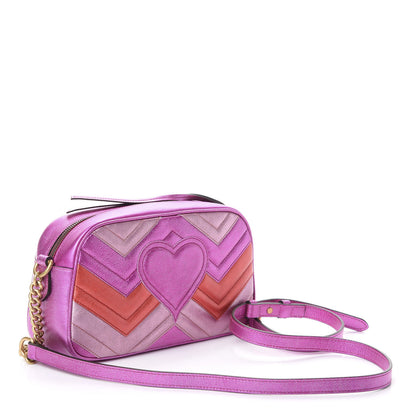 Gucci Laminated Nappa Matelasse Small GG Marmont Chain Shoulder Bag Fuxia Rosso Rosa 3 of 9