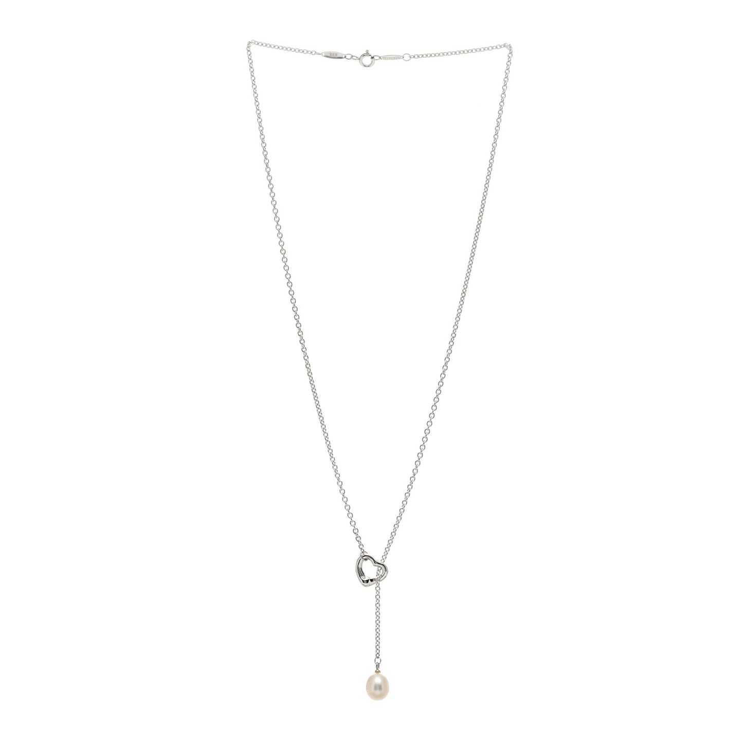 Sterling Silver Pearl 7.5-8mm Elsa Peretti Open Heart Lariat Necklace