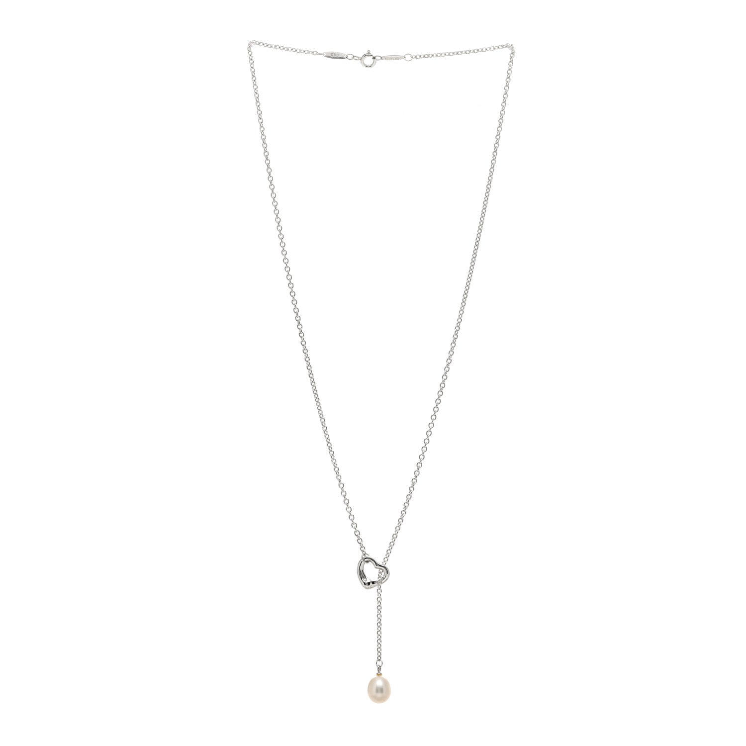 Tiffany Sterling Silver Pearl 7.5-8mm Elsa Peretti Open Heart Lariat Necklace 2 of 3