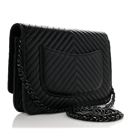 Chanel Calfskin Chevron Wallet On Chain WOC So Black 3 of 11