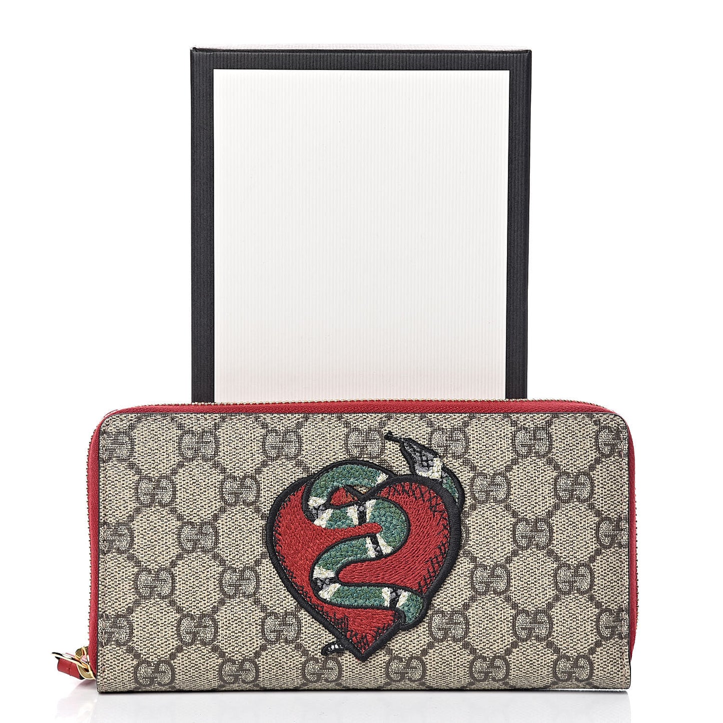 GG Supreme Monogram Kingsnake Heart Embroidered Zip Around Wallet Red