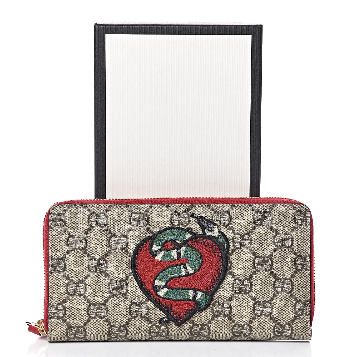 Gucci GG Supreme Monogram Kingsnake Heart Embroidered Zip Around Wallet Red 9 of 9