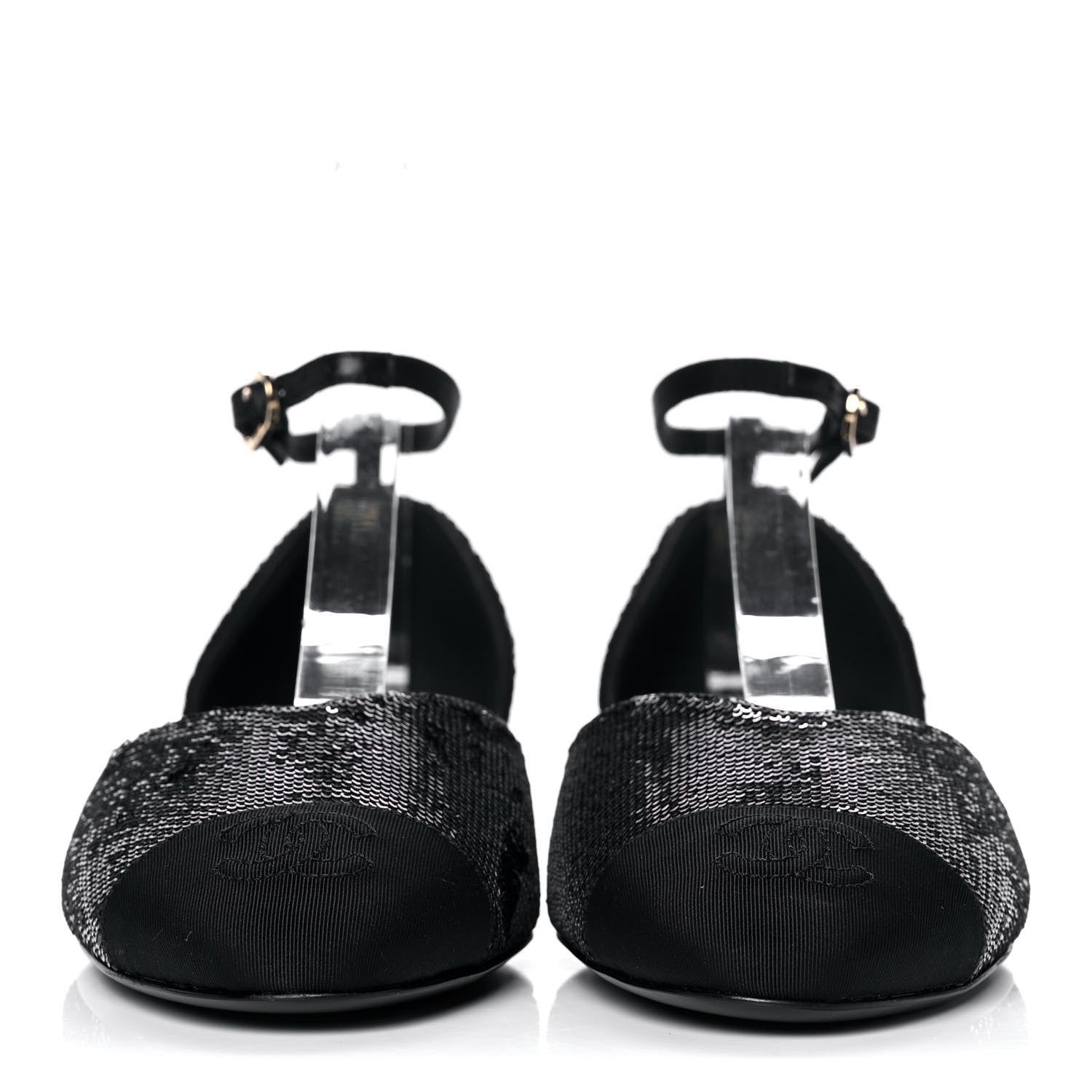 Chanel Sequin Grosgrain Cap Toe CC Ankle Strap Sandals 38.5 Black 2 of 8