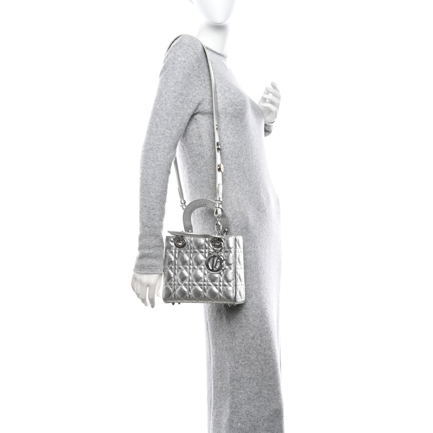 Metallic Grained Calfskin Cannage Small Lucky Badges My Lady Dior Silver