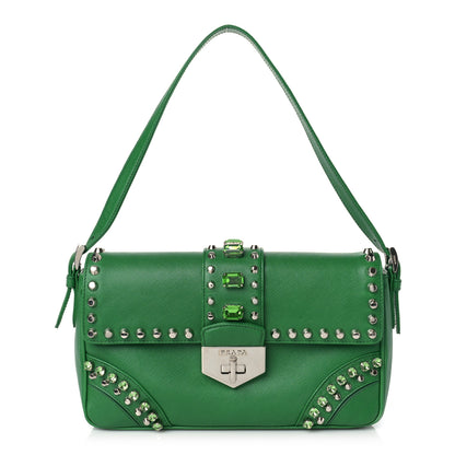 Prada Saffiano Crystal Sound Studded Shoulder Bag Verde 1 of 7
