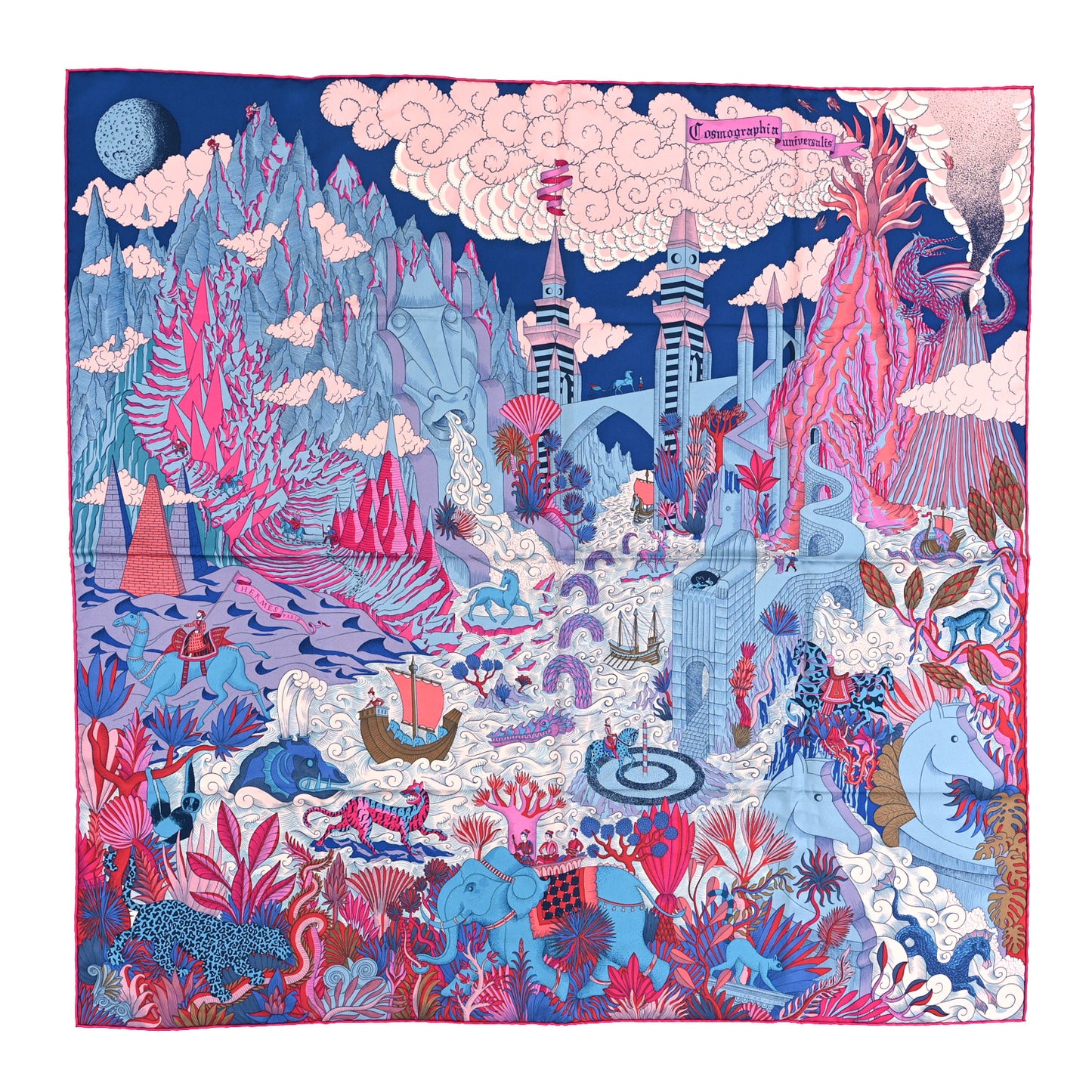 Silk Cosmographia Universalis Scarf 90 Bleu Jean Rose Vif
