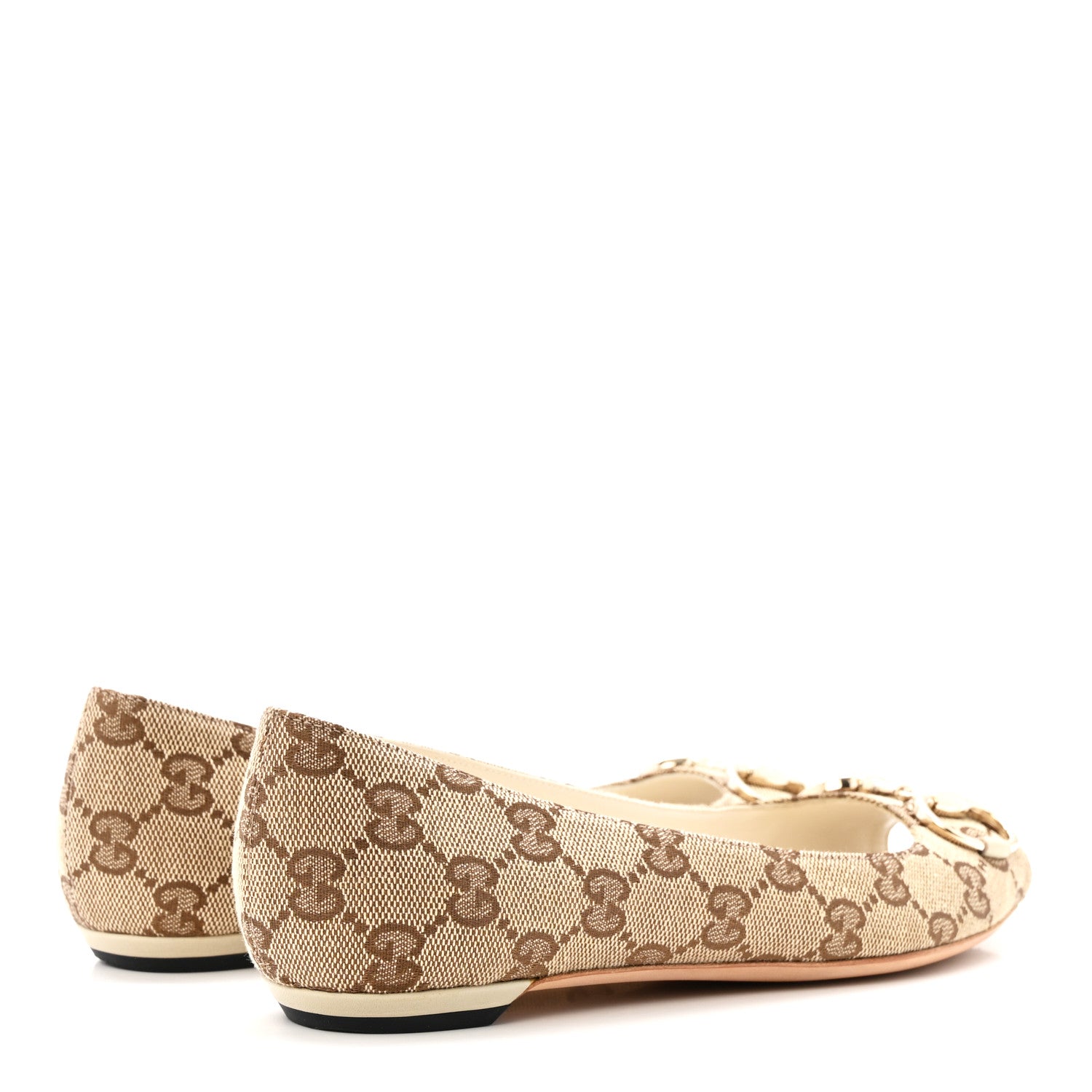 Gucci Monogram Miro Soft Calfskin Womens Horsebit Peep Toe Flats 6 Beige Ebony Mystic White 5 of 10