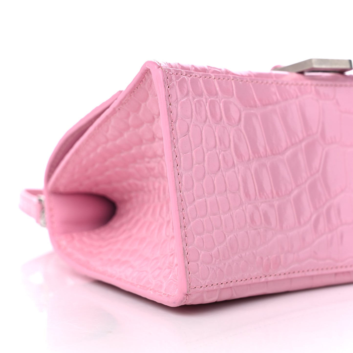 Shiny Calfskin Crocodile Embossed Small Hourglass Top Handle Bag Candy Pink