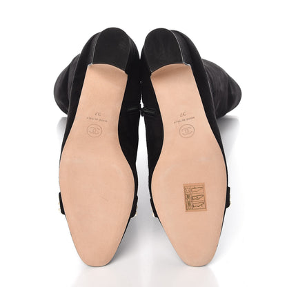 Chanel Suede Grosgrain Pearl CC Cap Toe High Boots 37 Black 5 of 9