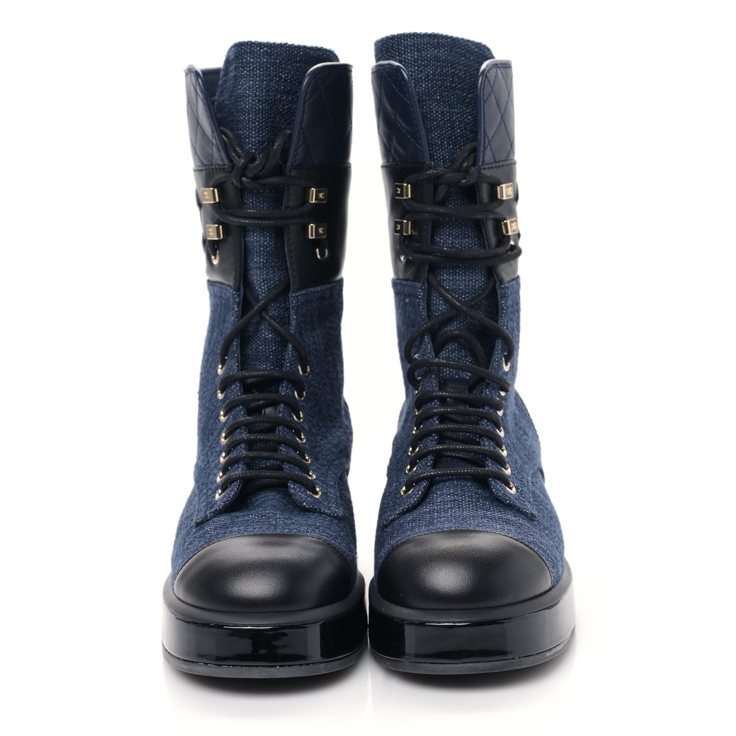 Denim Patent Lambskin Quilted CC Lace Up Combat Boots 36.5 Blue Black
