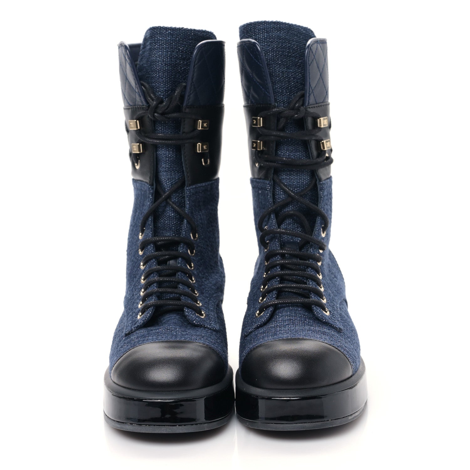 Chanel Denim Patent Lambskin Quilted CC Lace Up Combat Boots 36.5 Blue Black 2 of 8