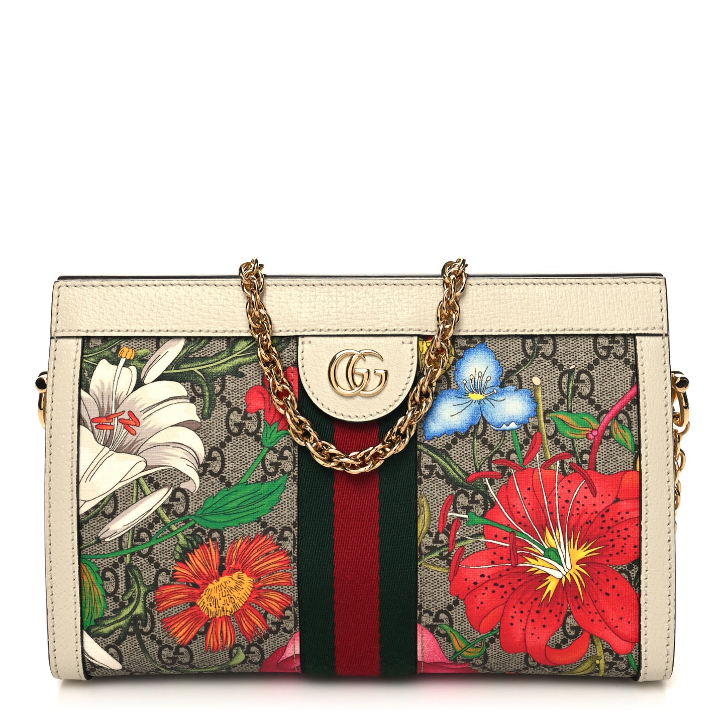 GG Supreme Monogram Flora Web Small Ophidia Chain Shoulder Bag White