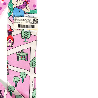 Hermes Silk Les Nouveaux Amoureux de Paris Twilly Rose Buvard White Vert 3 of 3
