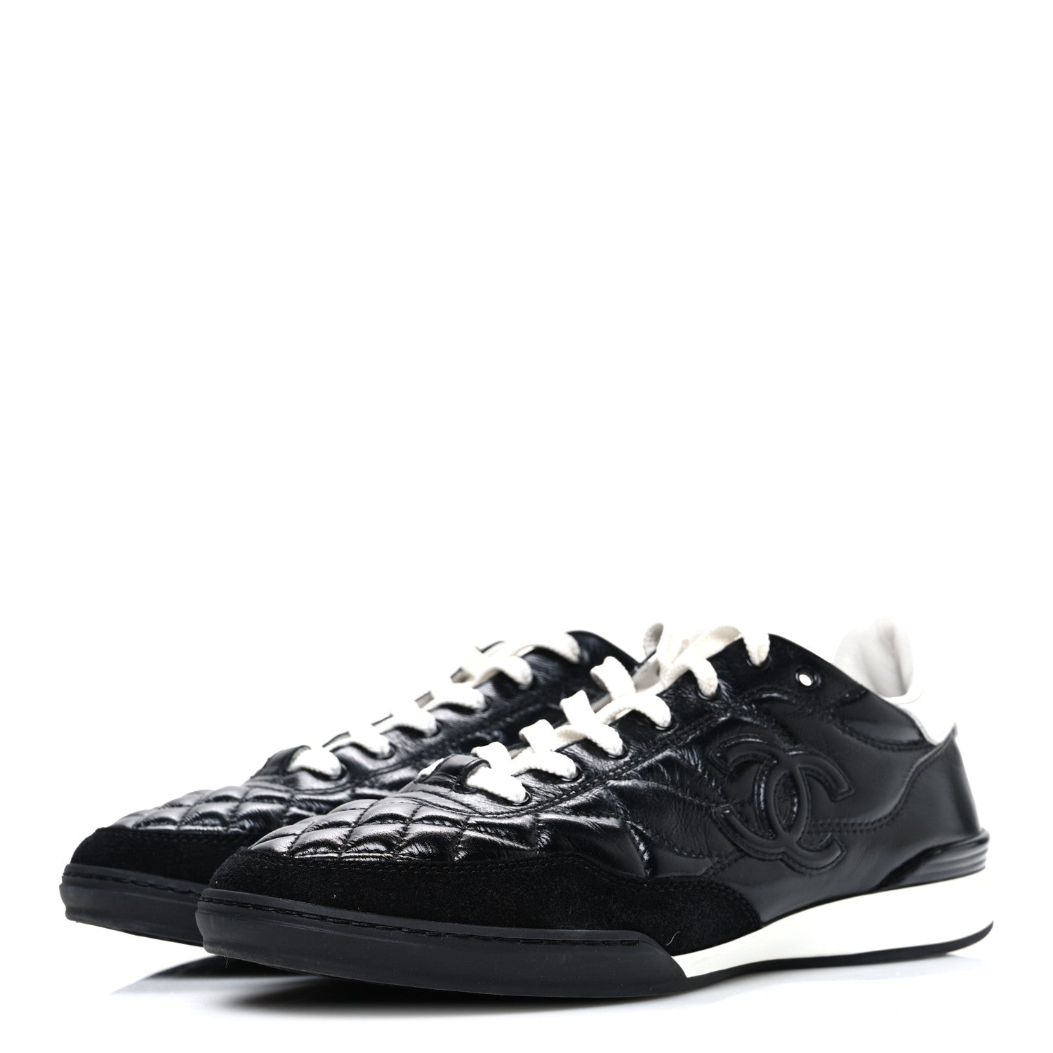 Chanel Calfskin Suede Quilted Womens Logo Sneakers 39 Black White 4 of 11