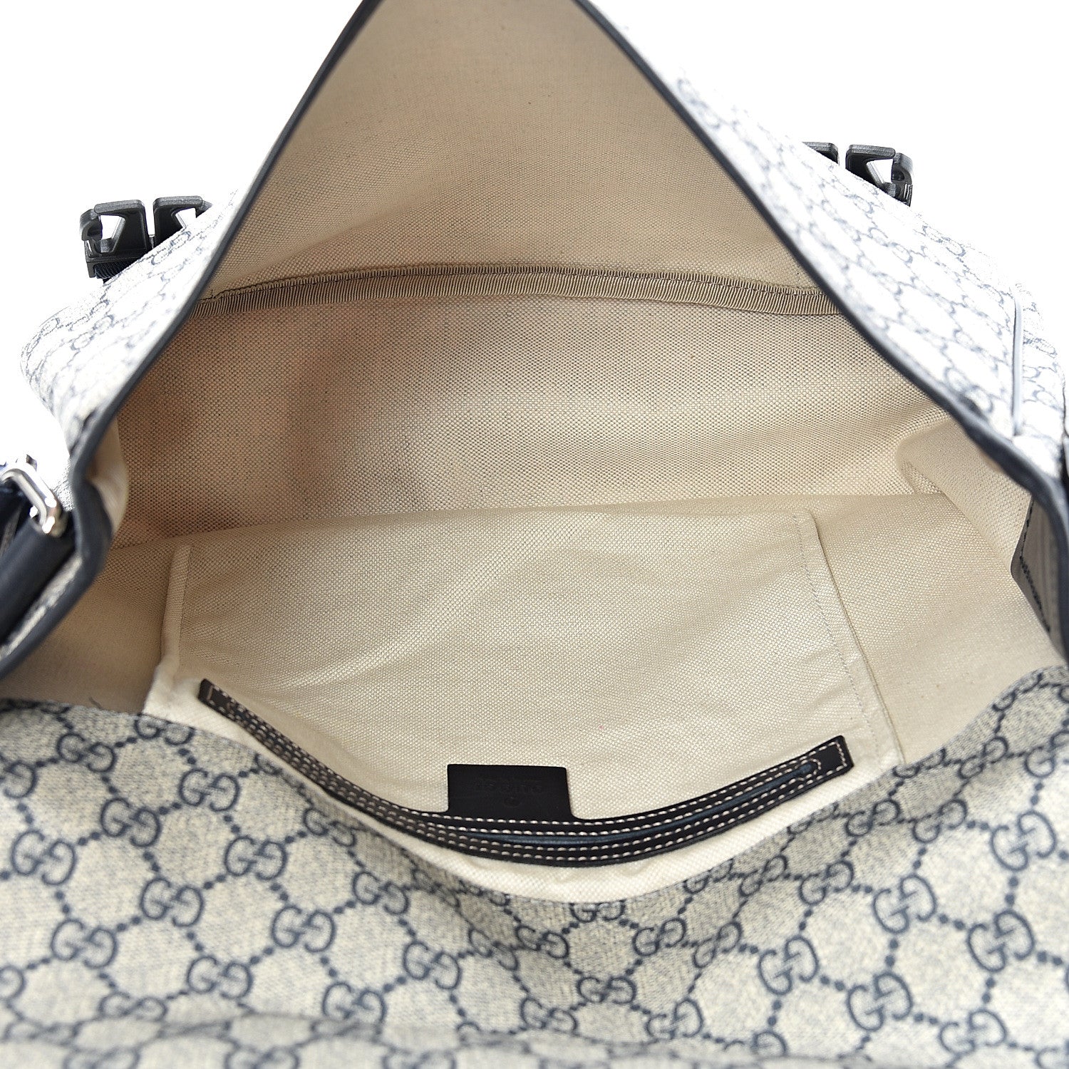 Gucci GG Plus Monogram Medium Double Buckle Flap Messenger Bag Beige Navy 4 of 9