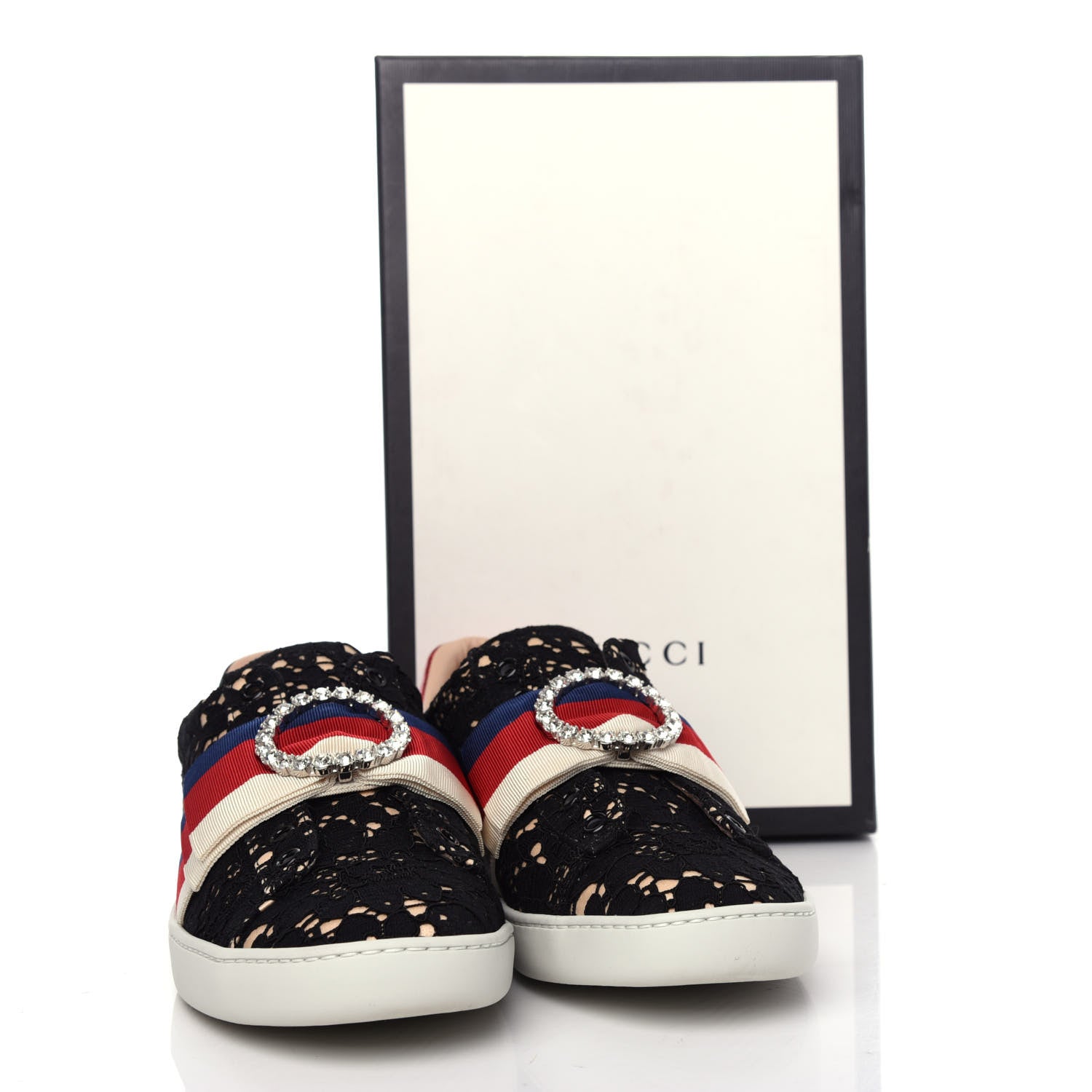 Gucci Lace Crystal Sylvie Web Flower Leaf Womens Ace Sneakers 38.5 Black Tan Beige 11 of 11