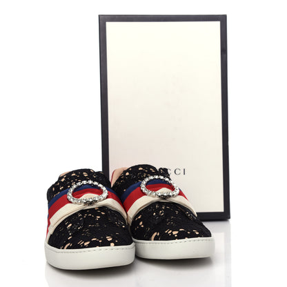 Gucci Lace Crystal Sylvie Web Flower Leaf Womens Ace Sneakers 38.5 Black Tan Beige 11 of 11