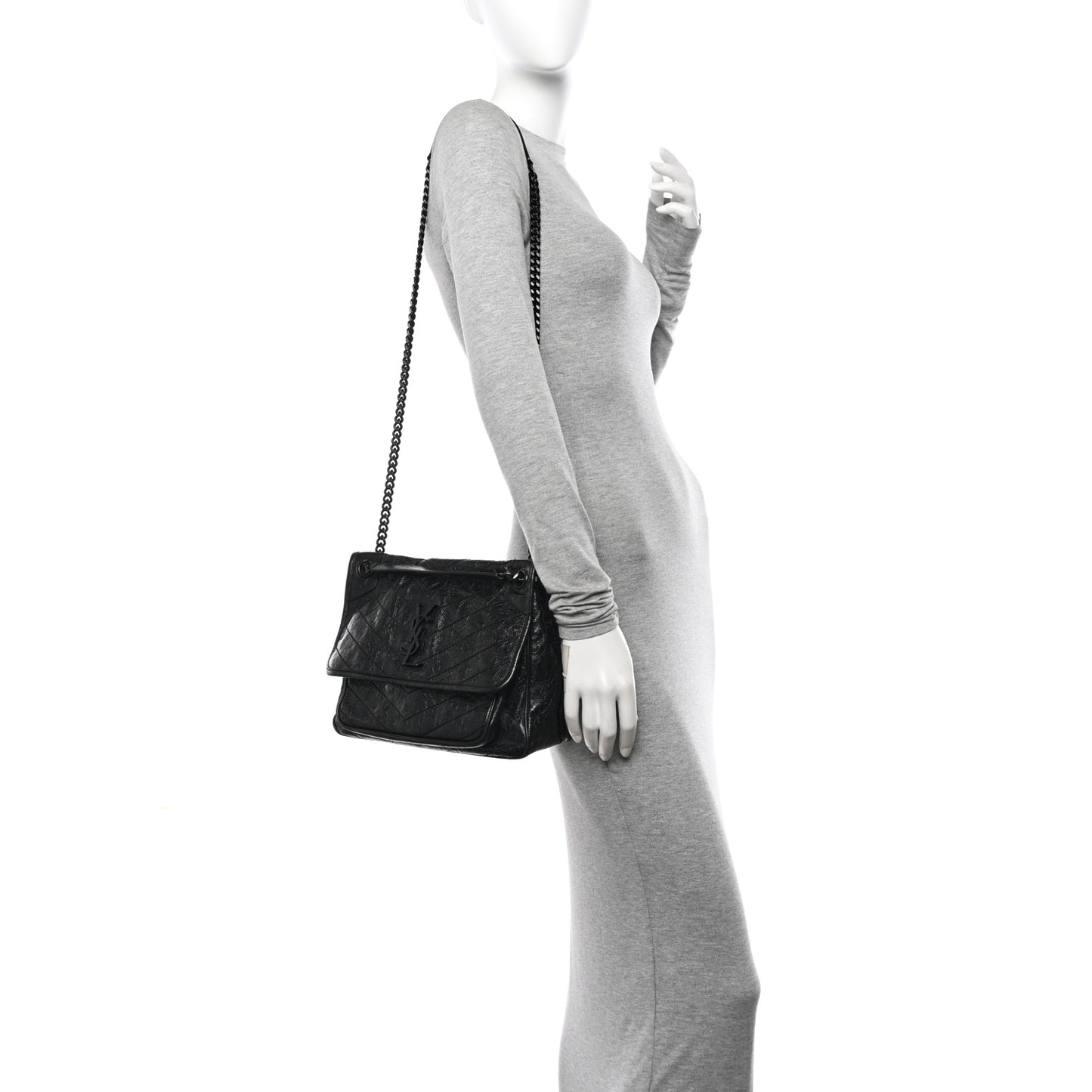 Crinkled Calfskin Matelasse Monogram Medium Niki Chain Satchel Black