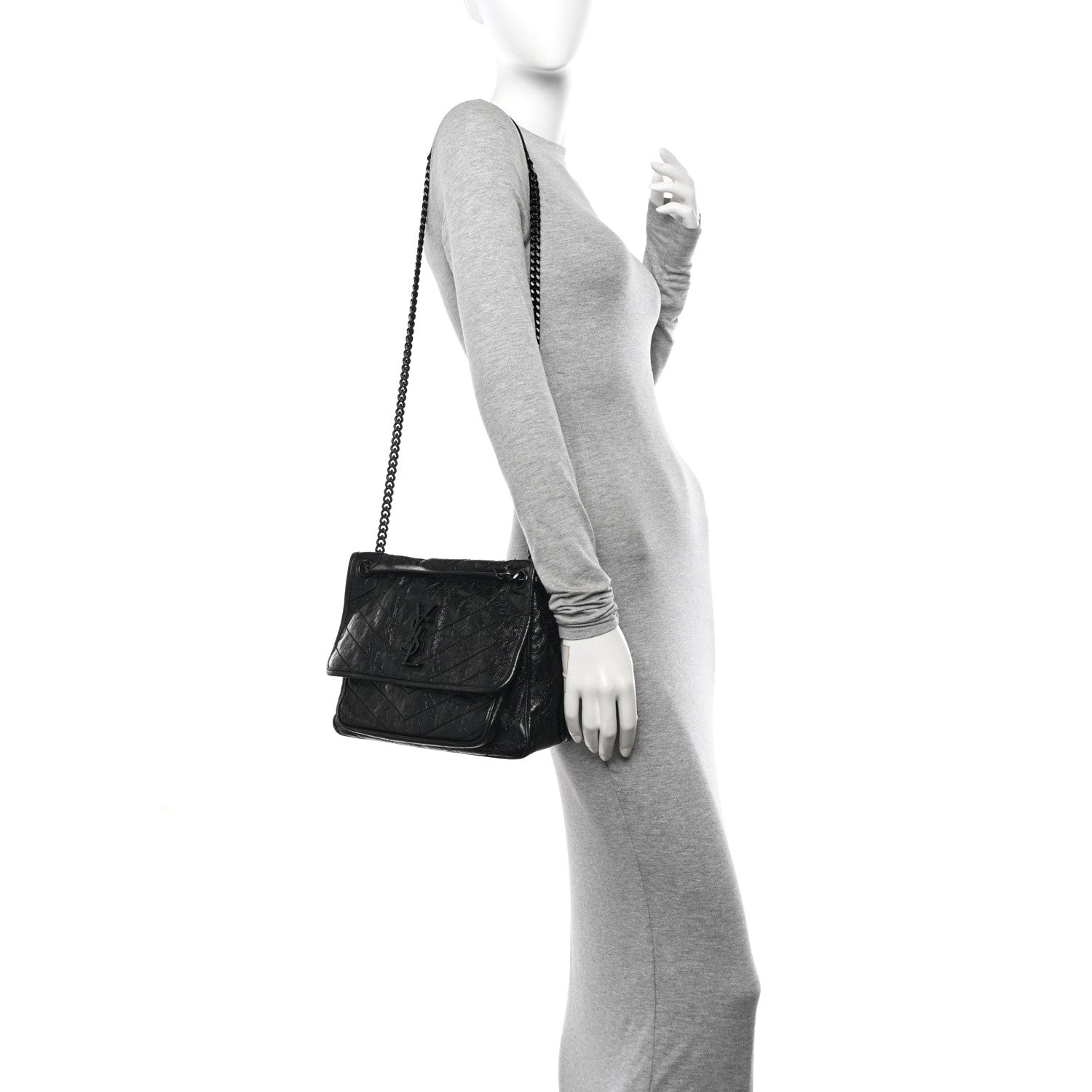 Saint Laurent Crinkled Calfskin Matelasse Monogram Medium Niki Chain Satchel Black 2 of 14