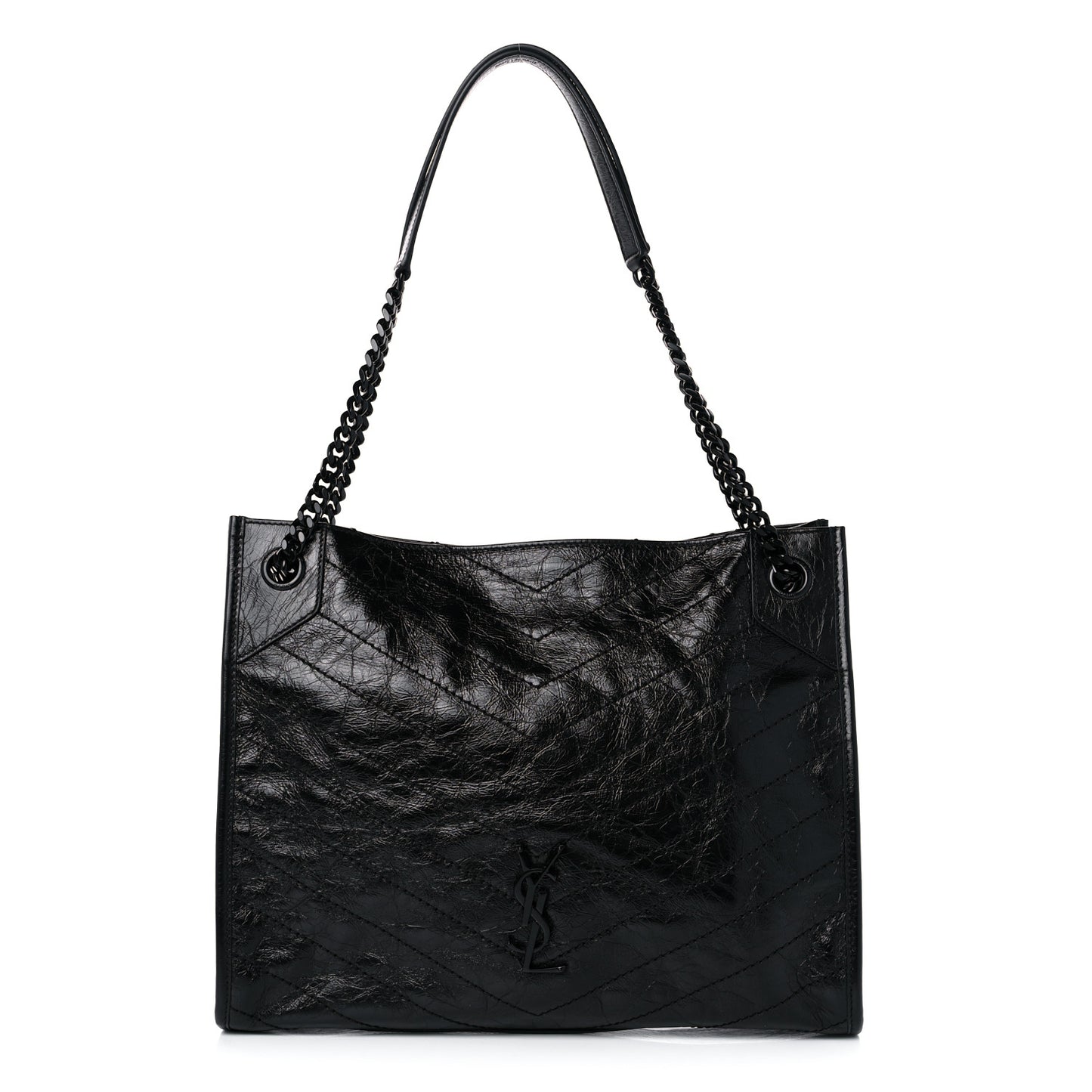 Crinkled Calfskin Matelasse Monogram Medium Niki Shopper Tote Black