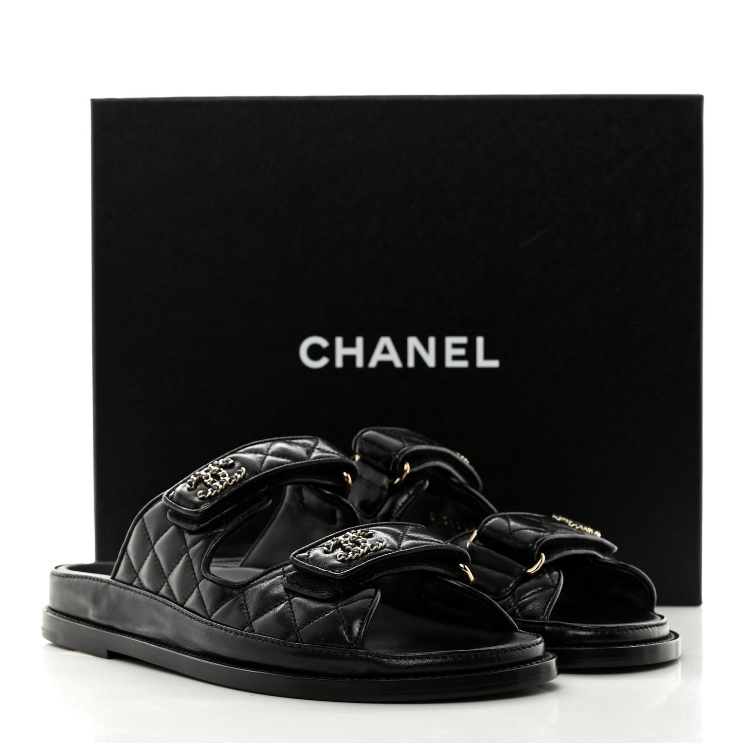 Lambskin Quilted Velcro Dad Chain CC Slide Sandals 37.5 Black