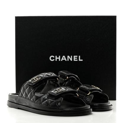Chanel Lambskin Quilted Velcro Dad Chain CC Slide Sandals 37.5 Black 9 of 9