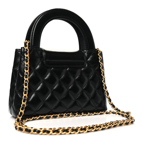 Shiny Aged Calfskin Quilted Nano Kelly Shopper Black