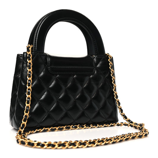 Shiny Aged Calfskin Quilted Nano Kelly Shopper Black