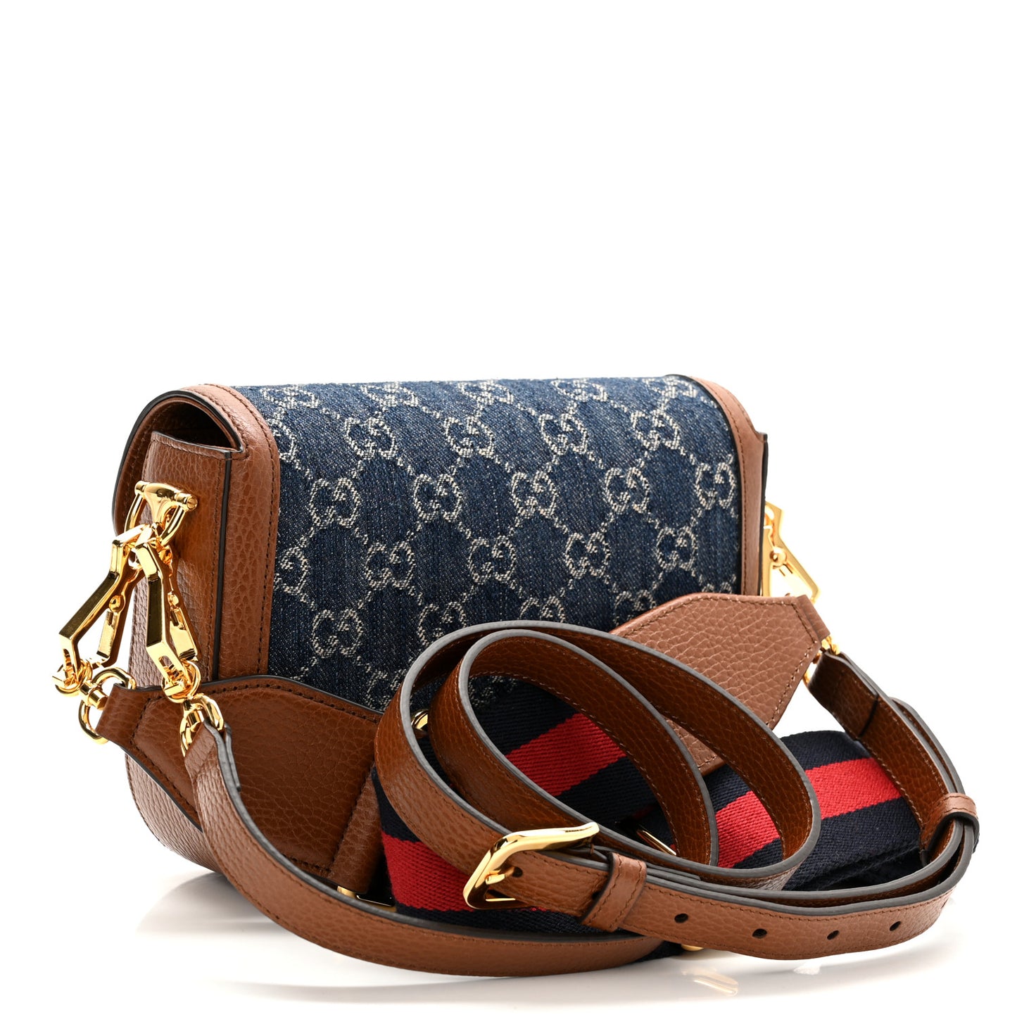 New Denim GG Monogram Dollar Calfskin Web Mini Horsebit 1955 Shoulder Bag Blue Tea Cuir Epilog