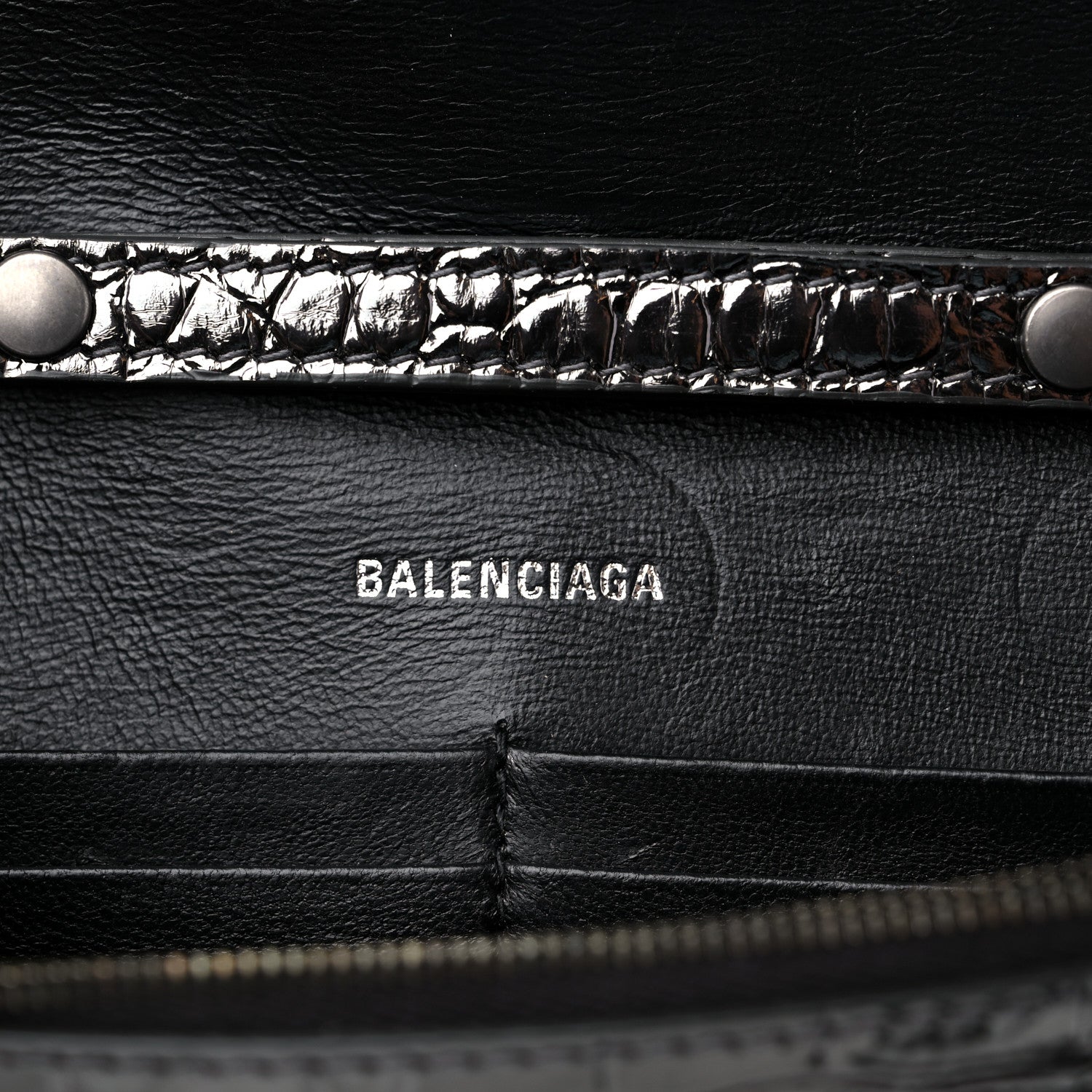 Balenciaga Shiny Calfskin Crocodile Embossed Hourglass Chain Bag Gunmetal 6 of 10