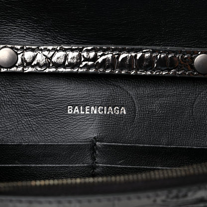 Balenciaga Shiny Calfskin Crocodile Embossed Hourglass Chain Bag Gunmetal 6 of 10